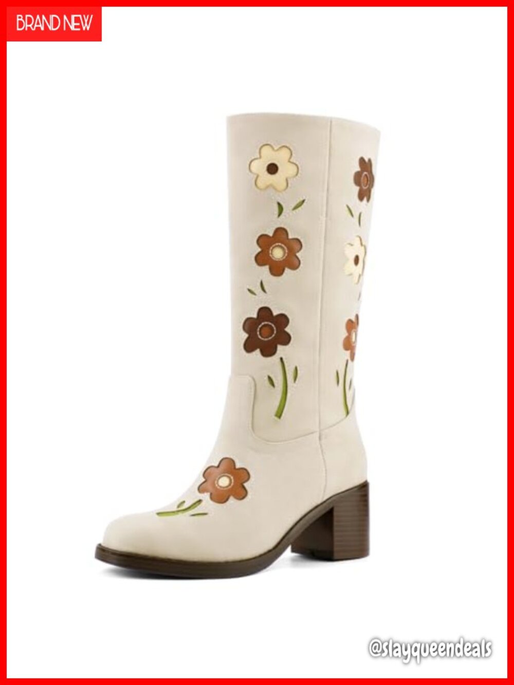 Women's Knee High Boots Square Toe Chunky Block Heel Faux Leather Boho Floral
